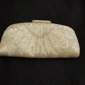 Clutch beaded silver purse with strap med sz